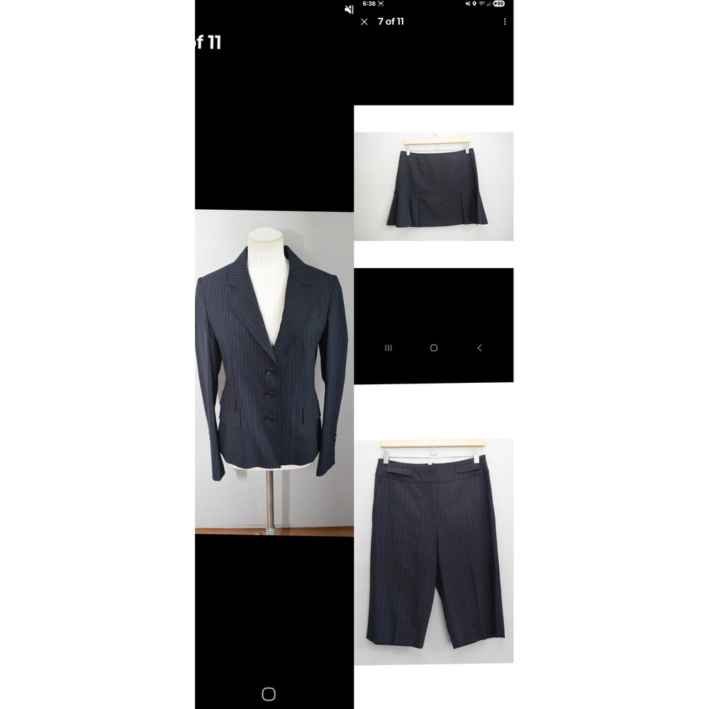 Karen Millen Skirt Suit Set US 6 Navy Blue Pinstripe Wool Blazer 3 Piece READ